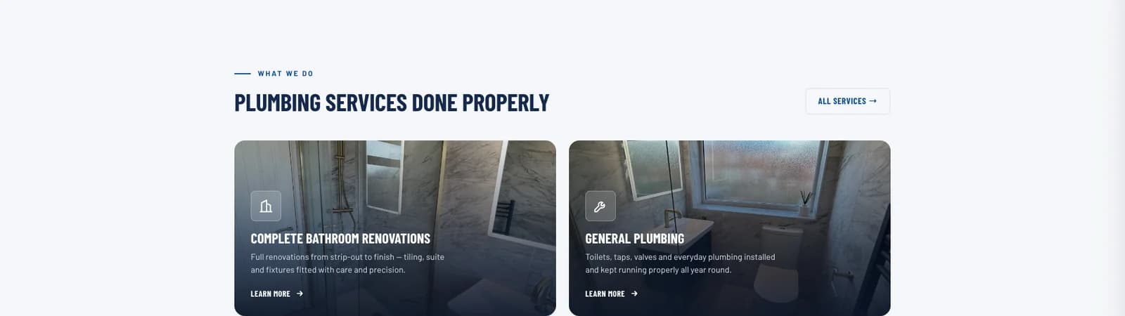 Service cards for complete bathroom renovations and general plumbing