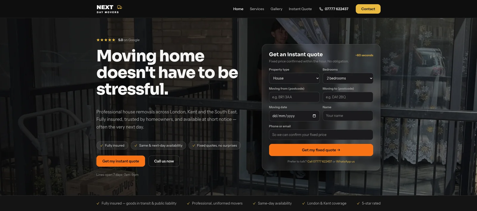 Next Day Movers homepage hero with the instant quote form beside the headline