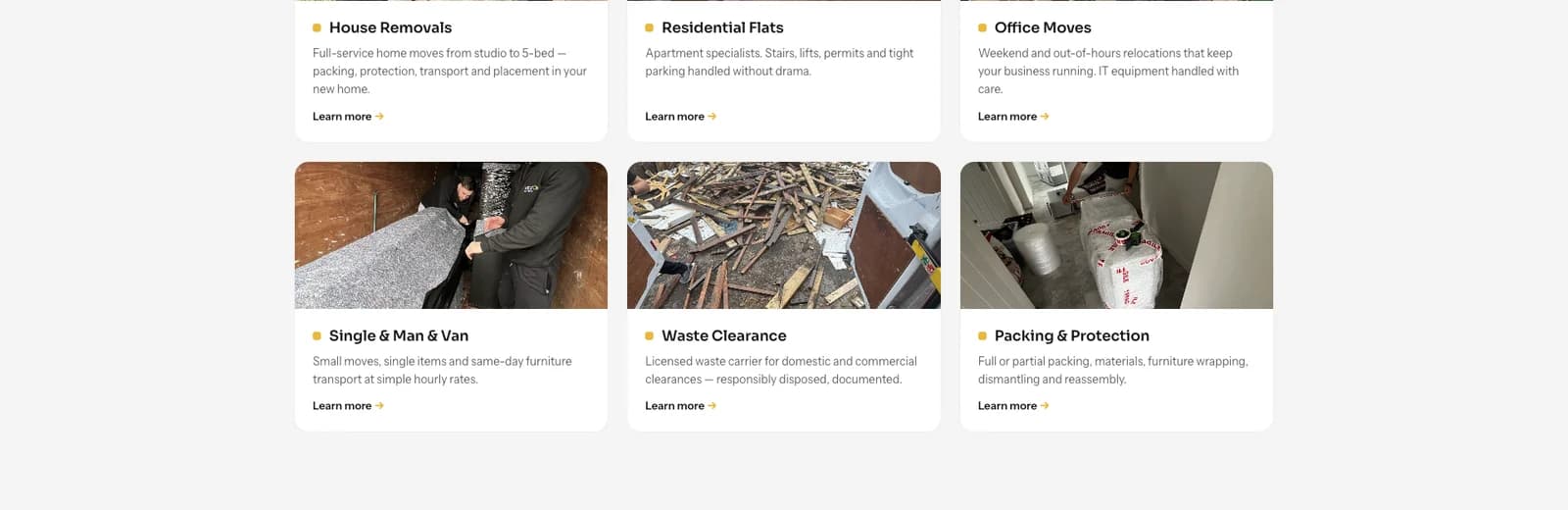 Service cards covering house removals, residential flats and office moves