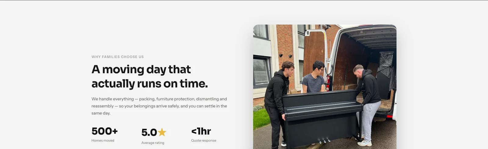 A section headed a moving day that actually runs on time, with a photograph of the team loading a piano